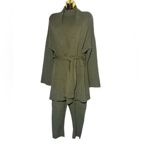 ELLOR Olive Green Knit 3pcCardigan and Pants Set